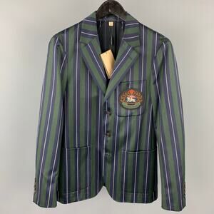 BURBERRY 36 Regular Green & Navy Vertical Stripe Wool / Cotton Notch Lapel Suit